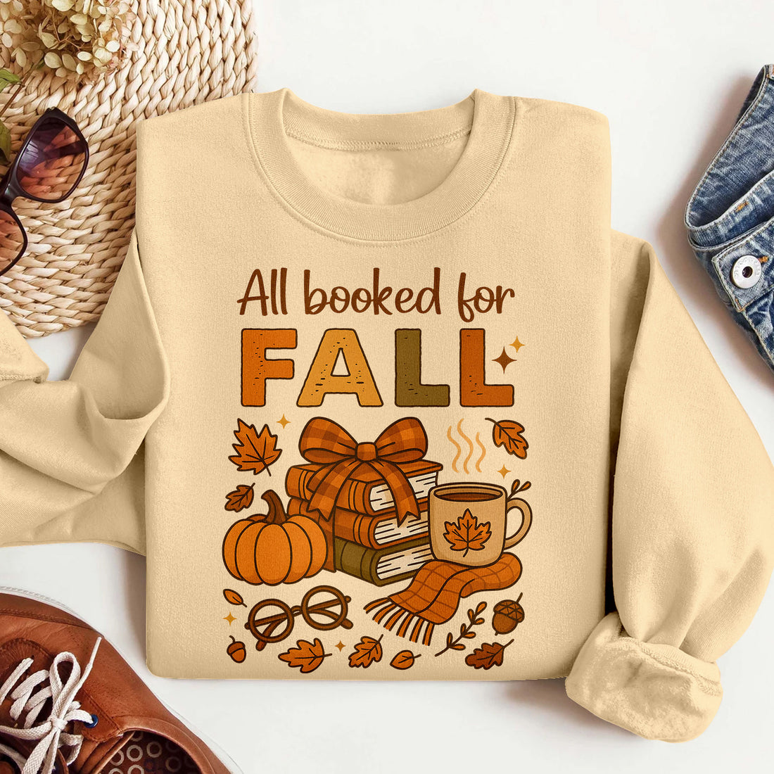 Bikergod All Booked for Fall Sweatshirt 2D Sizes S - 5XL - Cute Book Lover Autumn Tee, Cozy Reading T-Shirt for Women, Bookish Fall Graphic Tee, Literary Girl Gift Tshirt LN010725SW07