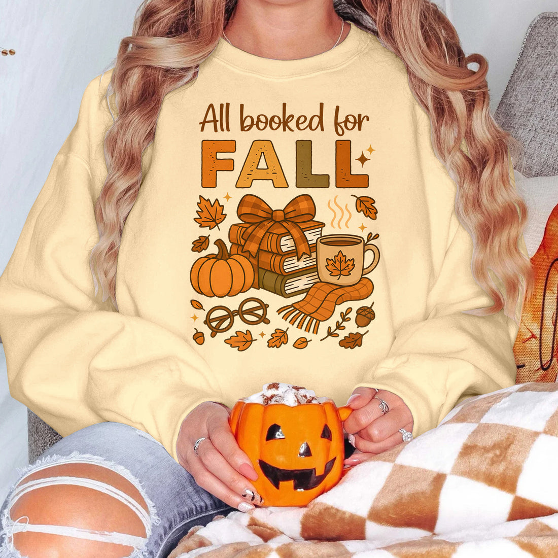 Bikergod All Booked for Fall Sweatshirt 2D Sizes S - 5XL - Cute Book Lover Autumn Tee, Cozy Reading T-Shirt for Women, Bookish Fall Graphic Tee, Literary Girl Gift Tshirt LN010725SW07