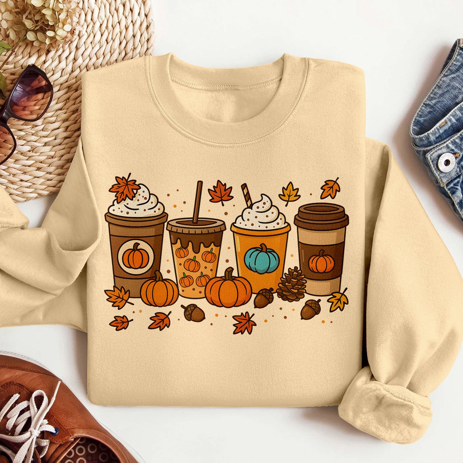 Bikergod Fall Coffee Sweatshirt 2D Sizes S - 5XL - Pumpkin Spice Latte Sweater, Autumn Pullover, Cozy Jumper, Halloween Shirt Gift for Coffee Lover, Spooky Season Tee LN010725SW08