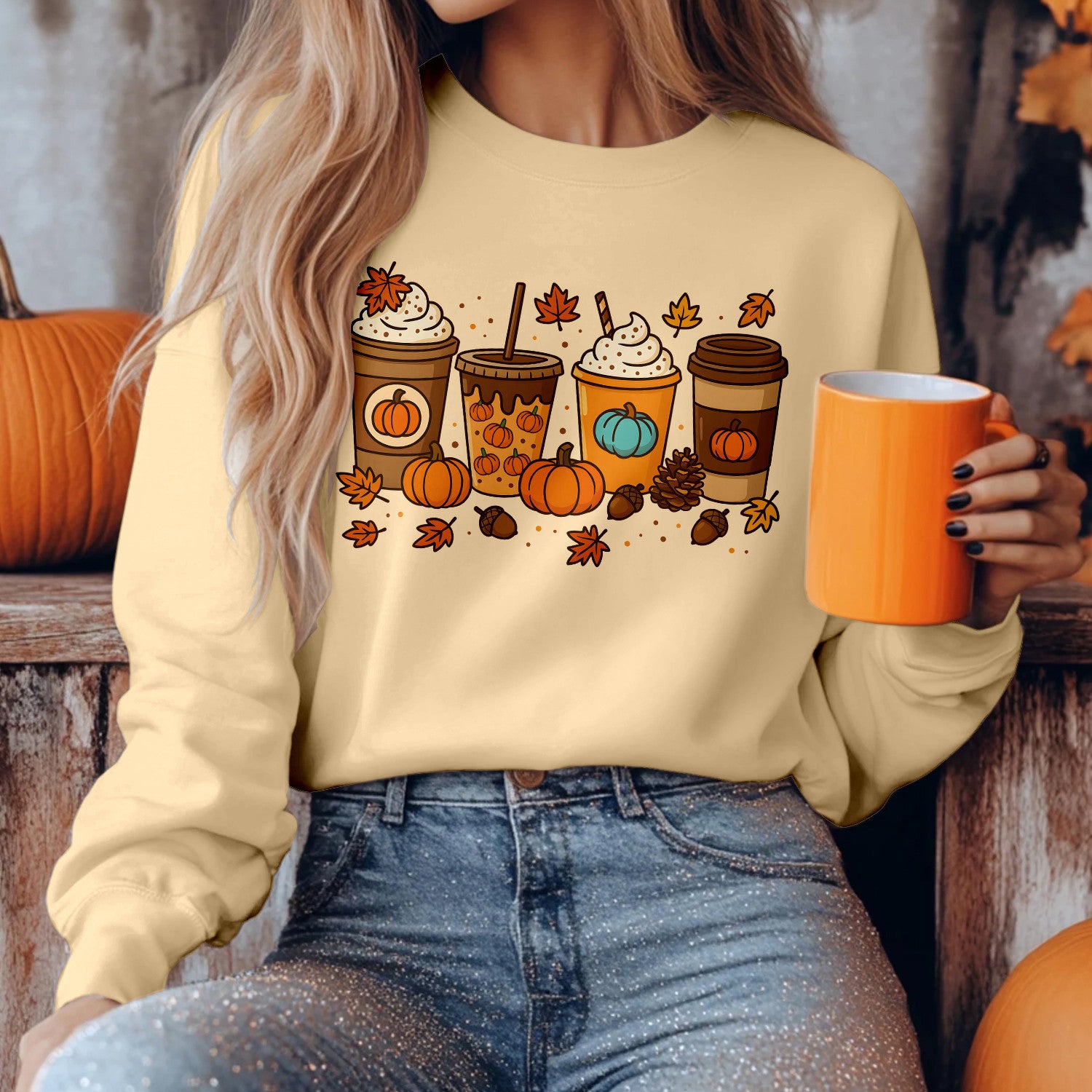 Bikergod Fall Coffee Sweatshirt 2D Sizes S - 5XL - Pumpkin Spice Latte Sweater, Autumn Pullover, Cozy Jumper, Halloween Shirt Gift for Coffee Lover, Spooky Season Tee LN010725SW08