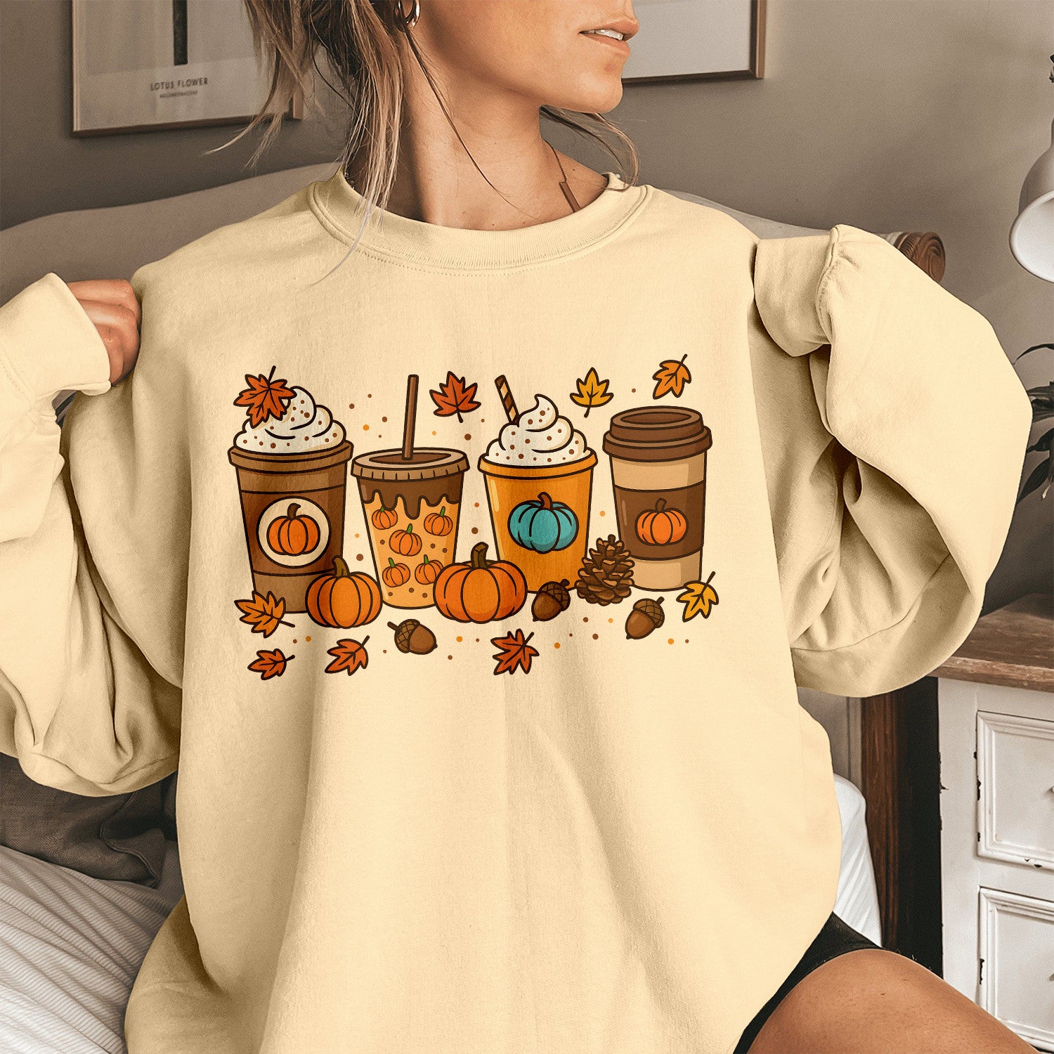 Bikergod Fall Coffee Sweatshirt 2D Sizes S - 5XL - Pumpkin Spice Latte Sweater, Autumn Pullover, Cozy Jumper, Halloween Shirt Gift for Coffee Lover, Spooky Season Tee LN010725SW08