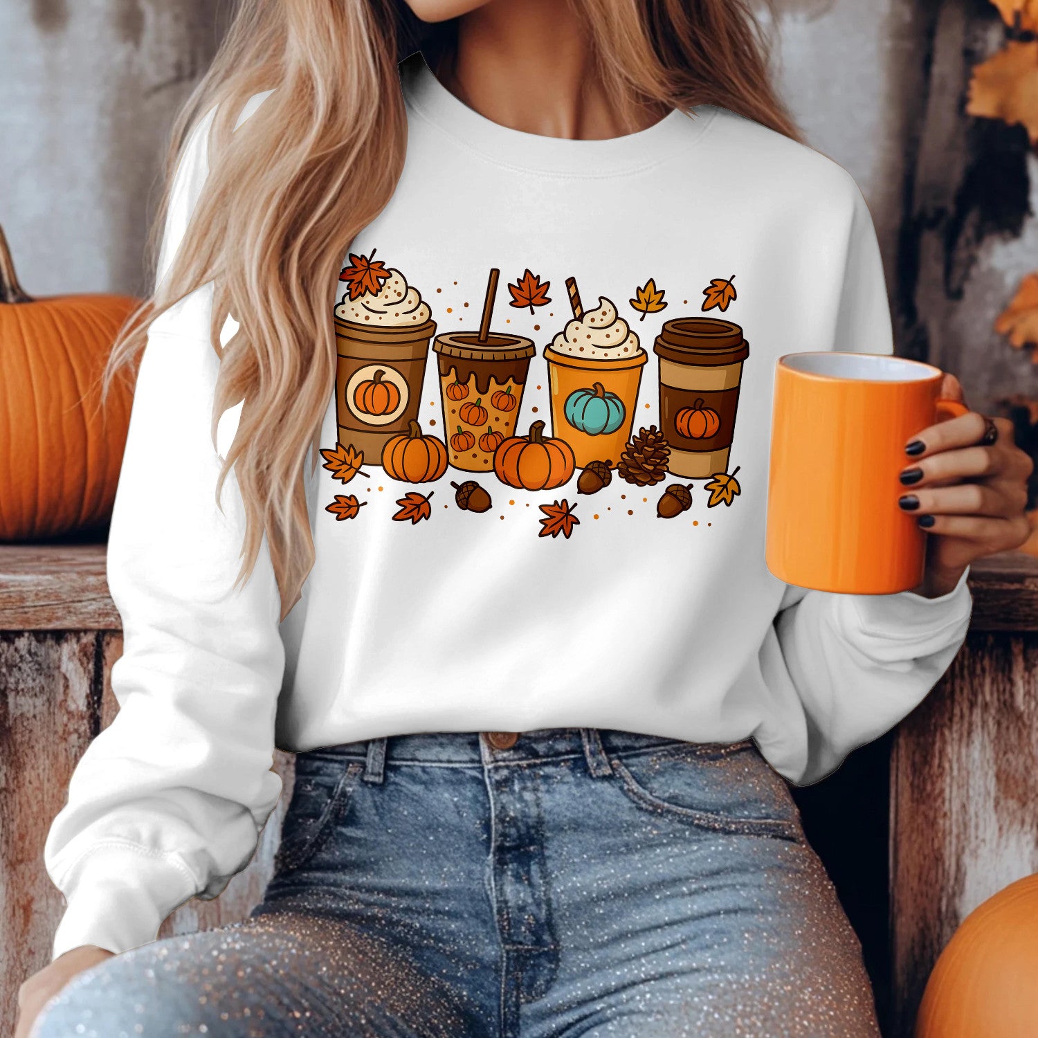 Bikergod Fall Coffee Sweatshirt 2D Sizes S - 5XL - Pumpkin Spice Latte Sweater, Autumn Pullover, Cozy Jumper, Halloween Shirt Gift for Coffee Lover, Spooky Season Tee LN010725SW08