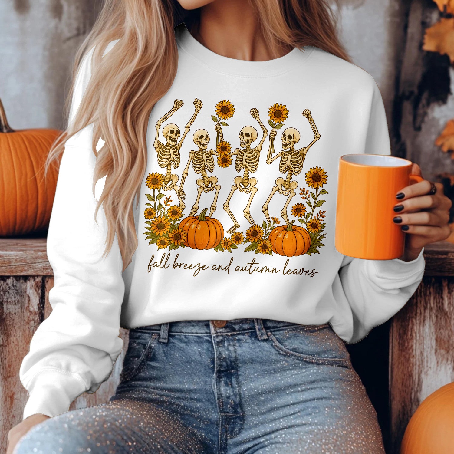Bikergod Fall Breeze and Autumn Leaves Sweatshirt 2D Sizes S - 5XL - Spooky Fall Sweatshirt, Pumpkin Sweatshirt Gift, Halloween Sweatshirt, Dancing Skeletons Shirt LN020725SW09