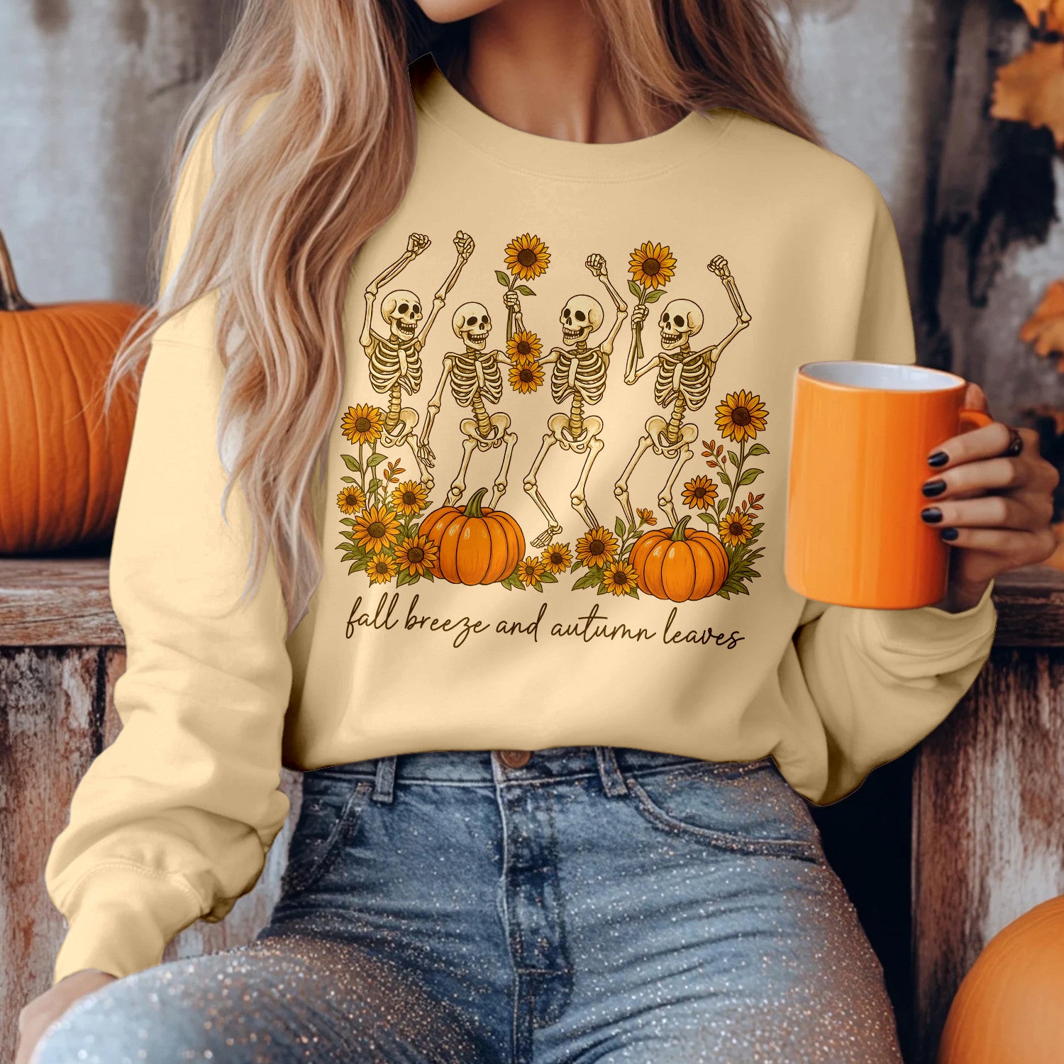 Bikergod Fall Breeze and Autumn Leaves Sweatshirt 2D Sizes S - 5XL - Spooky Fall Sweatshirt, Pumpkin Sweatshirt Gift, Halloween Sweatshirt, Dancing Skeletons Shirt LN020725SW09