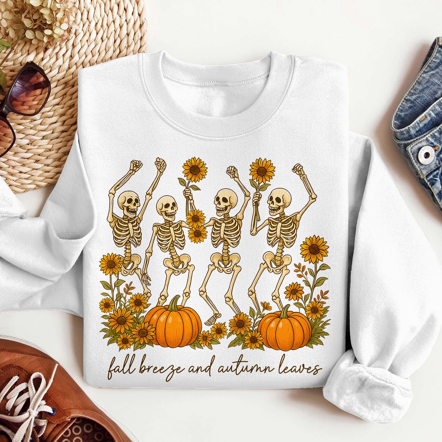 Bikergod Fall Breeze and Autumn Leaves Sweatshirt 2D Sizes S - 5XL - Spooky Fall Sweatshirt, Pumpkin Sweatshirt Gift, Halloween Sweatshirt, Dancing Skeletons Shirt LN020725SW09
