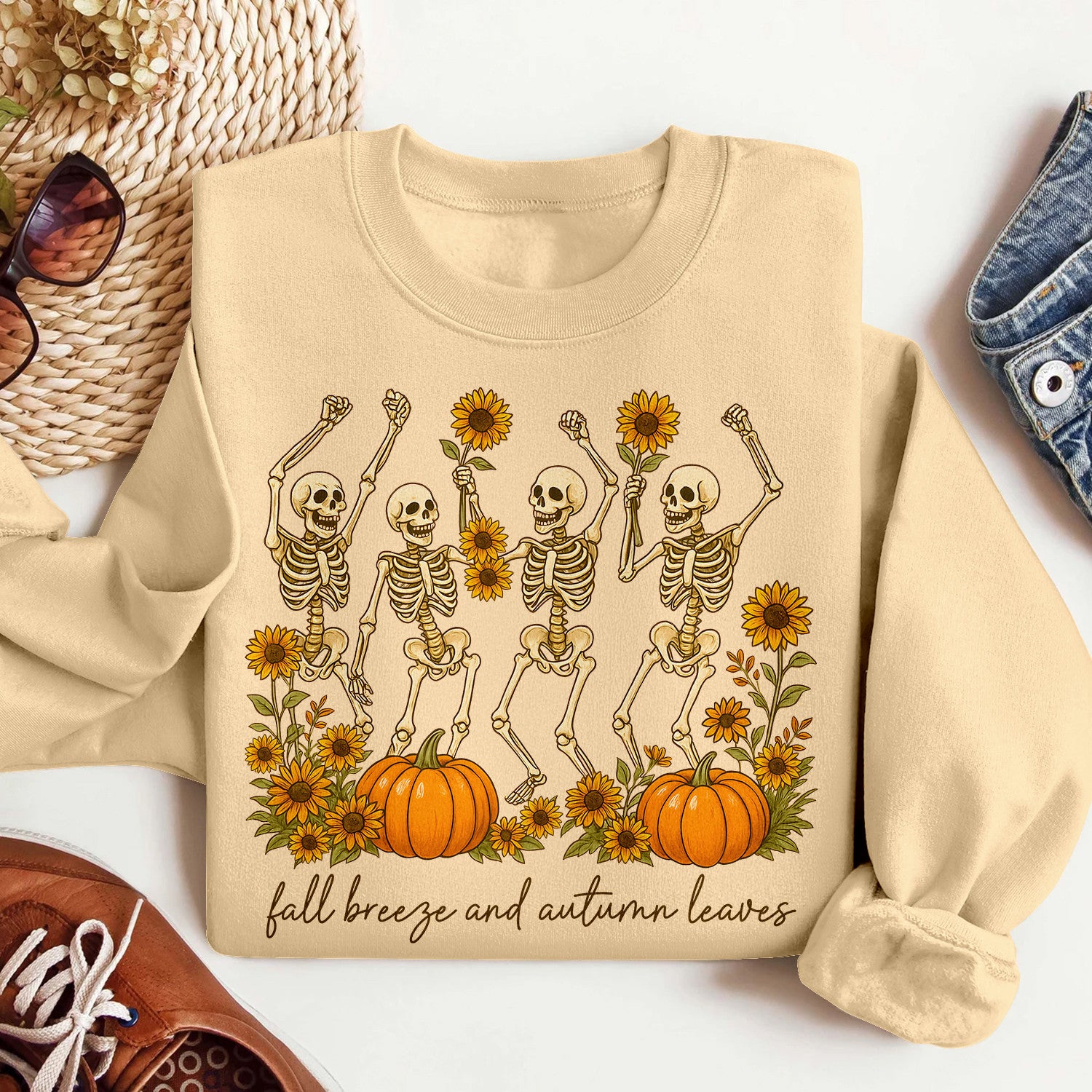 Bikergod Fall Breeze and Autumn Leaves Sweatshirt 2D Sizes S - 5XL - Spooky Fall Sweatshirt, Pumpkin Sweatshirt Gift, Halloween Sweatshirt, Dancing Skeletons Shirt LN020725SW09