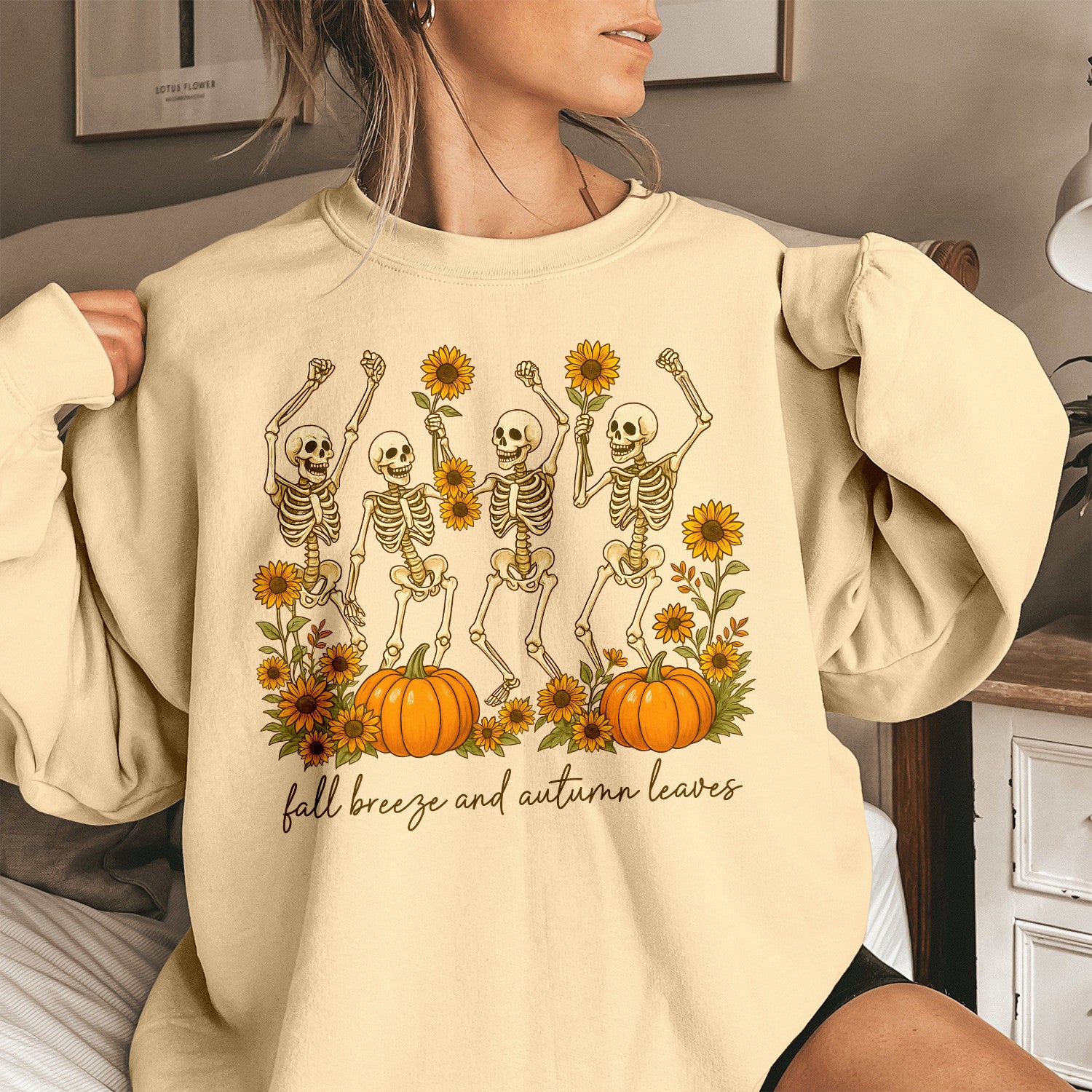 Bikergod Fall Breeze and Autumn Leaves Sweatshirt 2D Sizes S - 5XL - Spooky Fall Sweatshirt, Pumpkin Sweatshirt Gift, Halloween Sweatshirt, Dancing Skeletons Shirt LN020725SW09