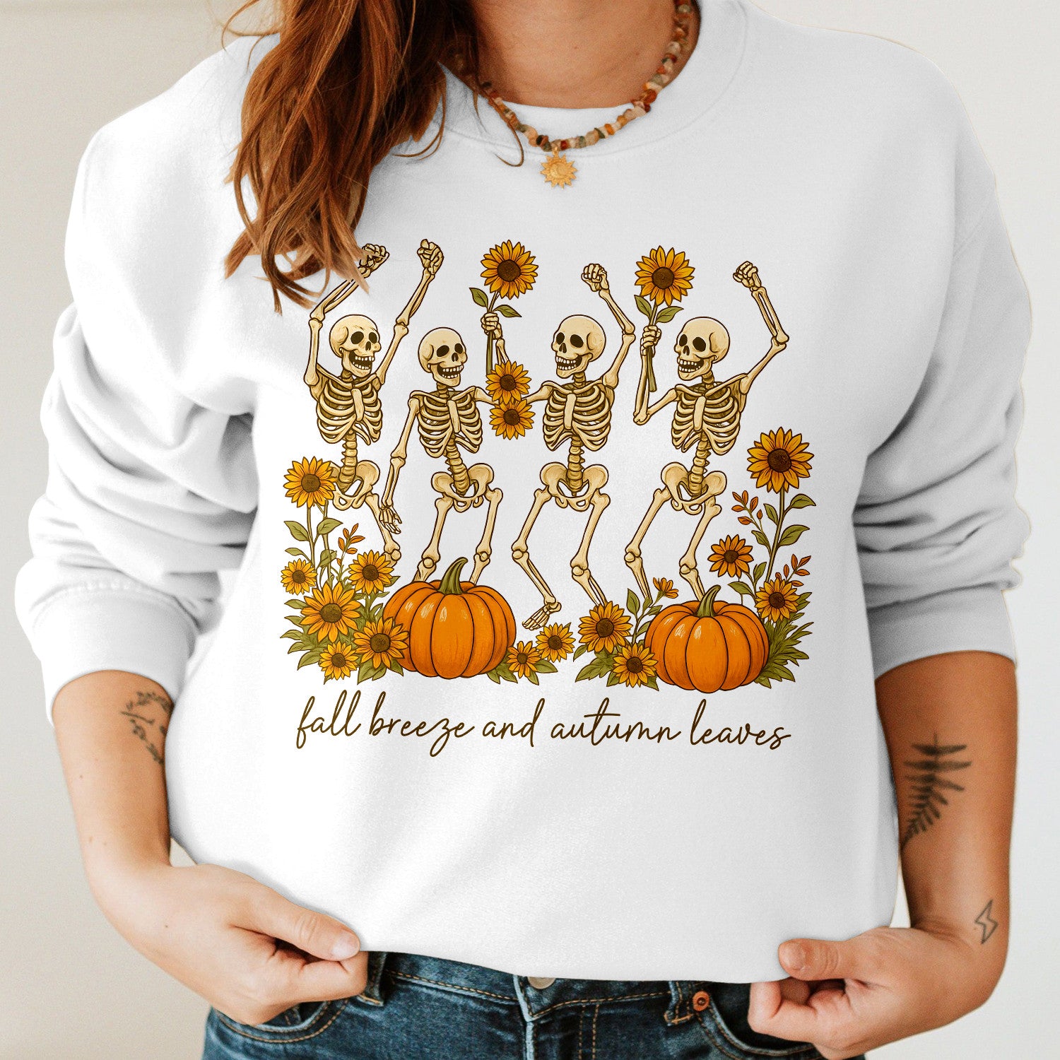 Bikergod Fall Breeze and Autumn Leaves Sweatshirt 2D Sizes S - 5XL - Spooky Fall Sweatshirt, Pumpkin Sweatshirt Gift, Halloween Sweatshirt, Dancing Skeletons Shirt LN020725SW09