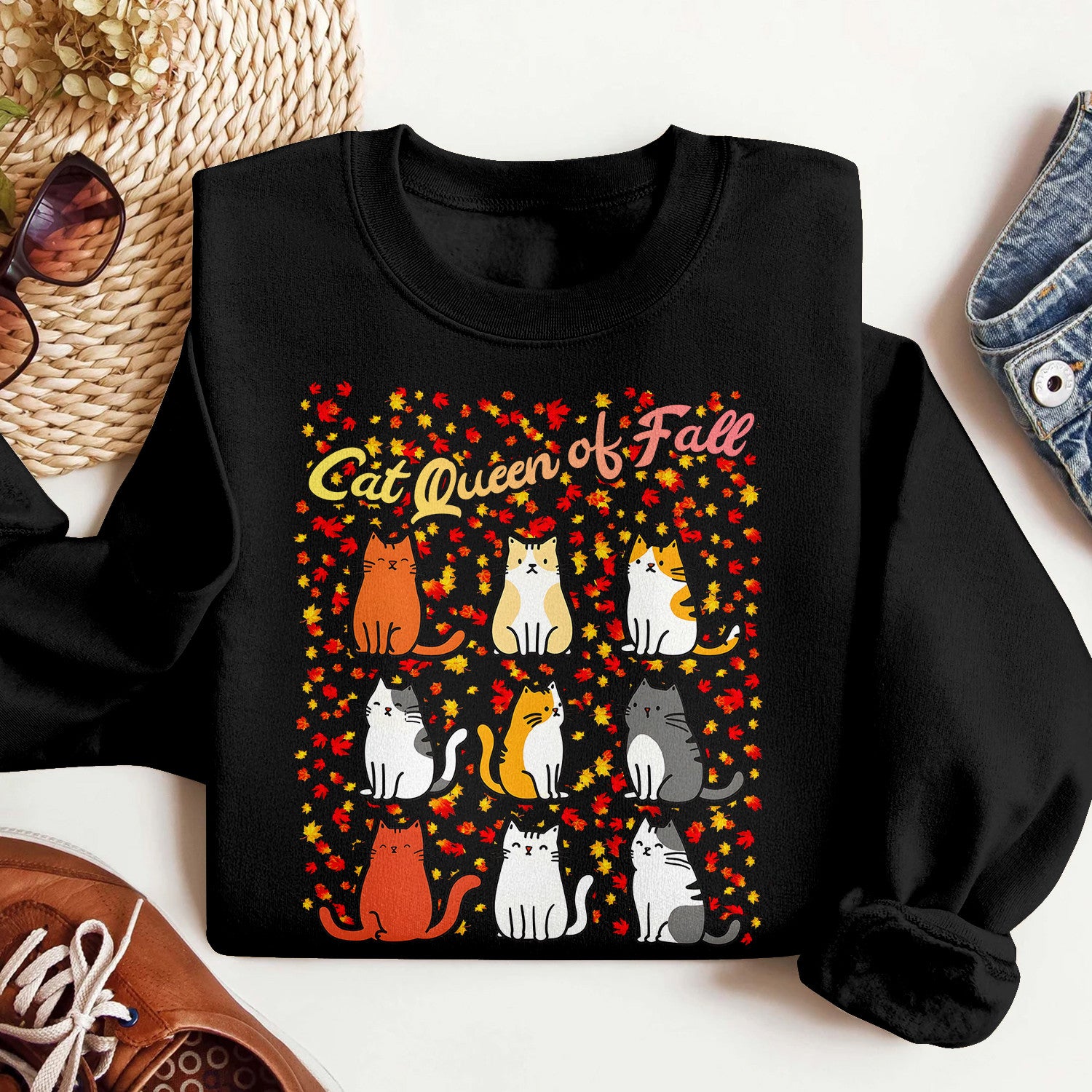 Bikergod Cat Fall Sweatshirt 2D Sizes S - 5XL - Cat Autumn Lover - Autumn Fall Season Sweatshirt - Pet Autumn Sweatshirt - Fall Season Tee LN020725SW10