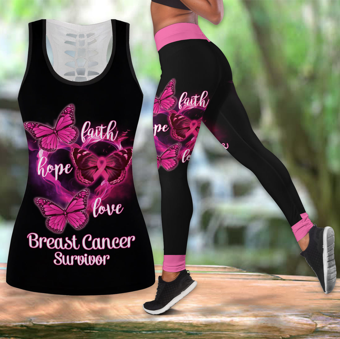 Bikergod Faith Hope Love Hollow Tanktop Legging Set Design 3D Full Printed Sizes S - 4XL - Gift For Breast Cancer Warrior - Birthday Gifts TLDH06