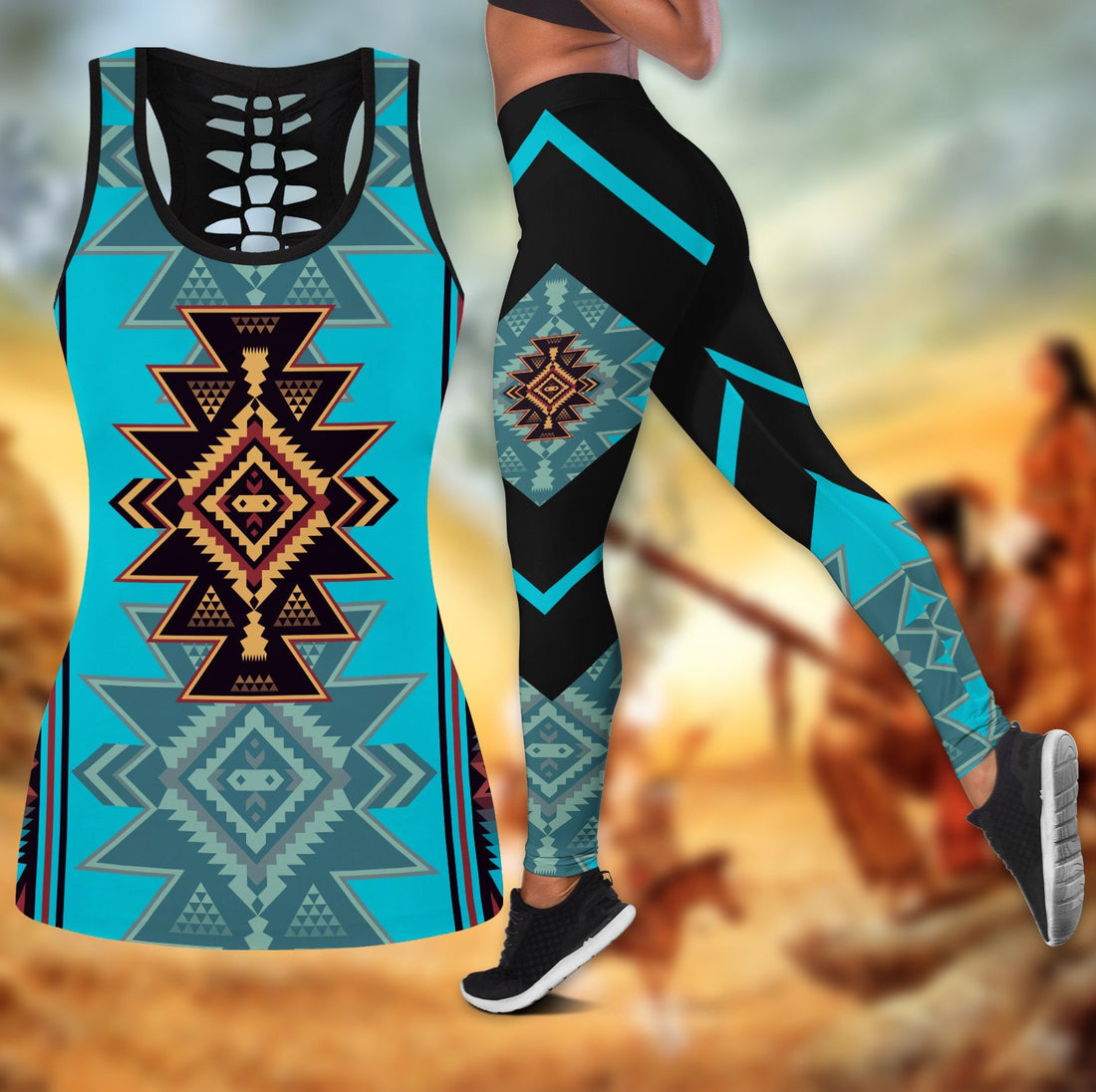 Bikergod Tribal Aztec Pattern 3D Hollow Tank Top and Legging Set – Full Printed – Sizes S-4XL Gift For Women Mom TLDH08