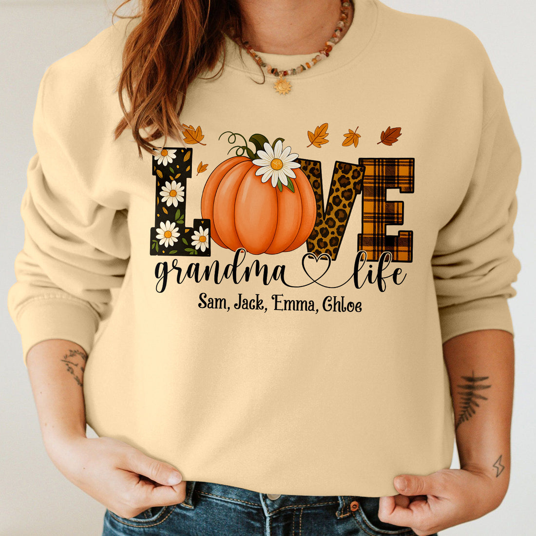 Bikergod Grandma Life Fall Custom Name Sweatshirt 2D Sizes S - 5XL Funny Autumn Sweater, Spooky Shirt, Happy Halloween Shirt, Halloween Sweatshirt Gift for Nana Mimi Gigi Pumpkin Season LN070725SW19