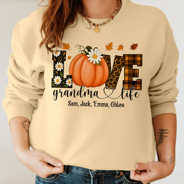 Bikergod Grandma Life Fall Custom Name Sweatshirt 2D Sizes S - 5XL Funny Autumn Sweater, Spooky Shirt, Happy Halloween Shirt, Halloween Sweatshirt Gift for Nana Mimi Gigi Pumpkin Season LN070725SW19