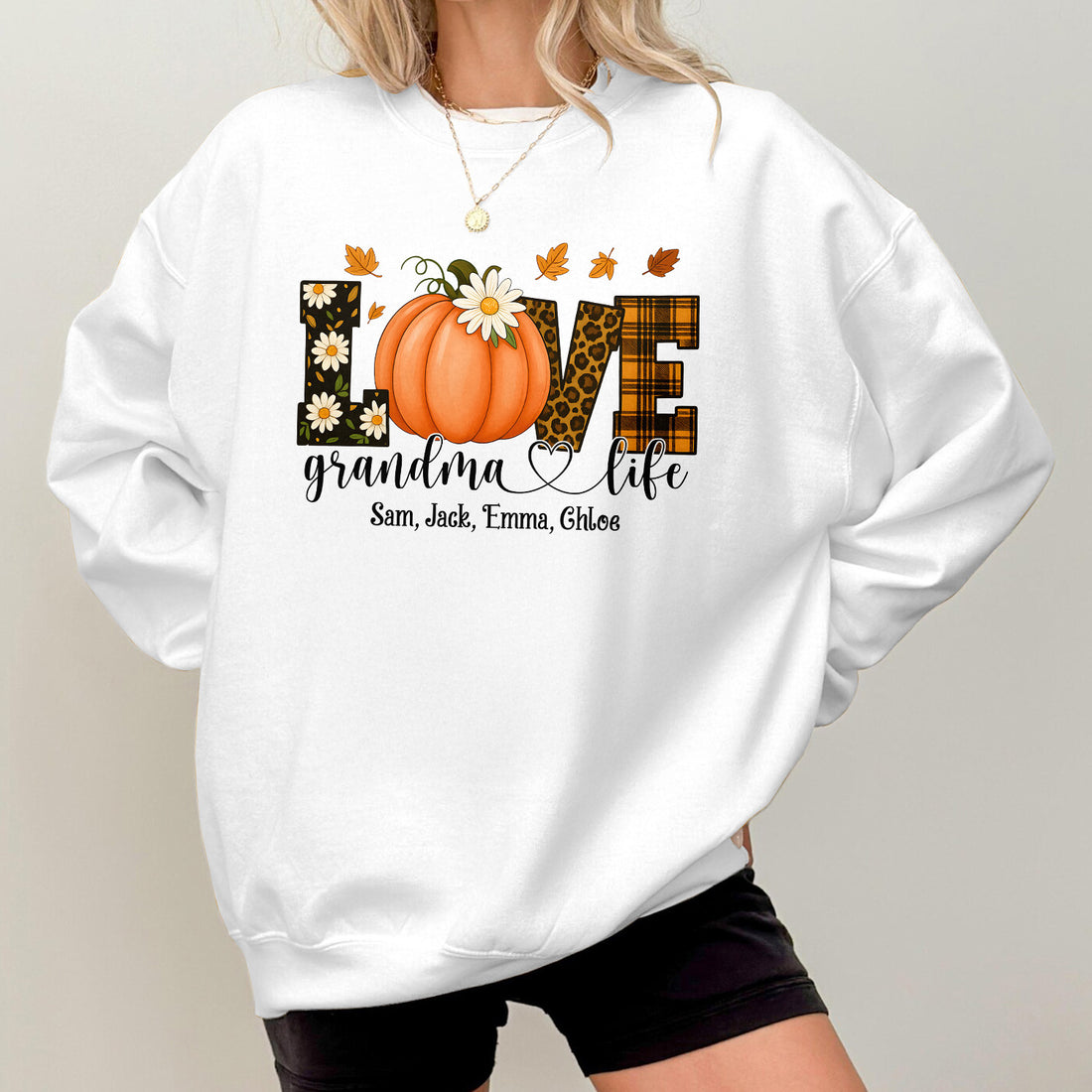 Bikergod Grandma Life Fall Custom Name Sweatshirt 2D Sizes S - 5XL Funny Autumn Sweater, Spooky Shirt, Happy Halloween Shirt, Halloween Sweatshirt Gift for Nana Mimi Gigi Pumpkin Season LN070725SW19