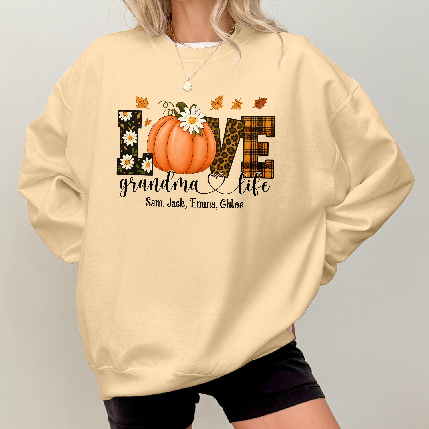 Bikergod Grandma Life Fall Custom Name Sweatshirt 2D Sizes S - 5XL Funny Autumn Sweater, Spooky Shirt, Happy Halloween Shirt, Halloween Sweatshirt Gift for Nana Mimi Gigi Pumpkin Season LN070725SW19