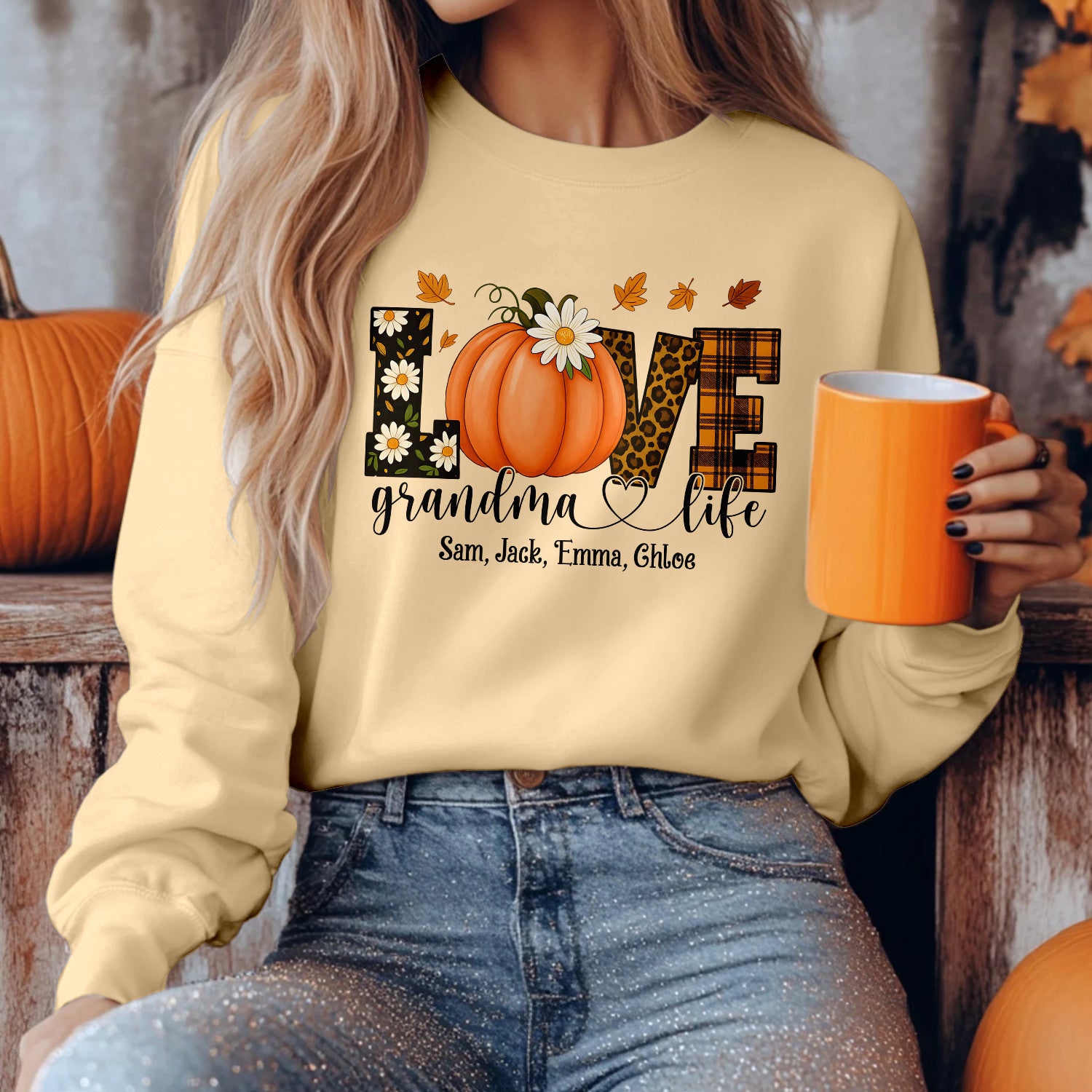 Bikergod Grandma Life Fall Custom Name Sweatshirt 2D Sizes S - 5XL Funny Autumn Sweater, Spooky Shirt, Happy Halloween Shirt, Halloween Sweatshirt Gift for Nana Mimi Gigi Pumpkin Season LN070725SW19
