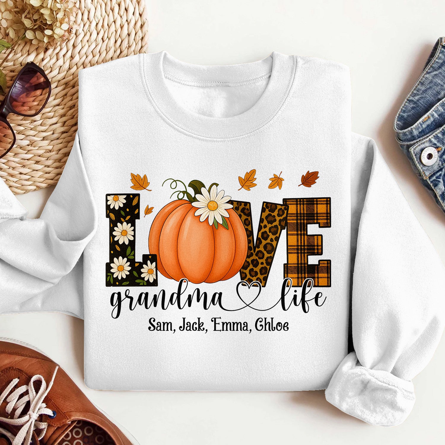 Bikergod Grandma Life Fall Custom Name Sweatshirt 2D Sizes S - 5XL Funny Autumn Sweater, Spooky Shirt, Happy Halloween Shirt, Halloween Sweatshirt Gift for Nana Mimi Gigi Pumpkin Season LN070725SW19