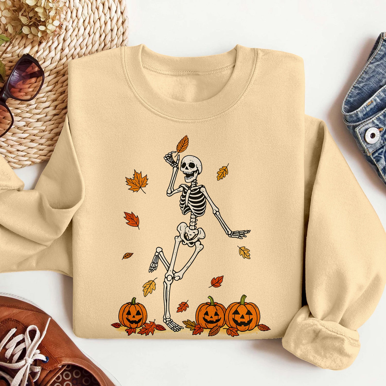 Bikergod Dancing Skeleton With Pumpkins And Fall Leaves Design 2D Sizes S - 5XL - DH042025T97