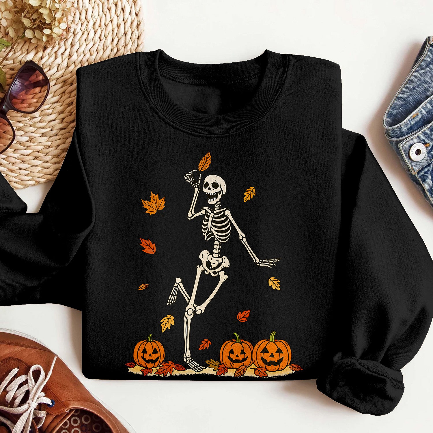 Bikergod Dancing Skeleton With Pumpkins And Fall Leaves Design 2D Sizes S - 5XL - DH042025T97