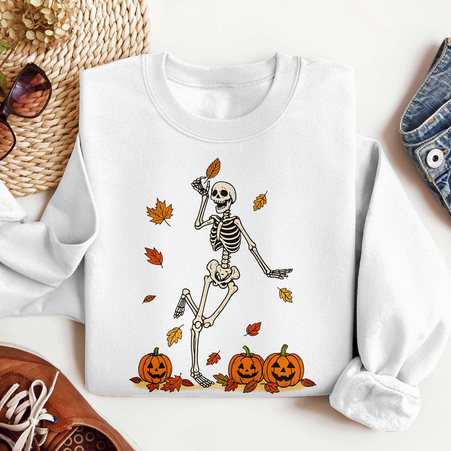 Bikergod Dancing Skeleton With Pumpkins And Fall Leaves Design 2D Sizes S - 5XL - DH042025T97