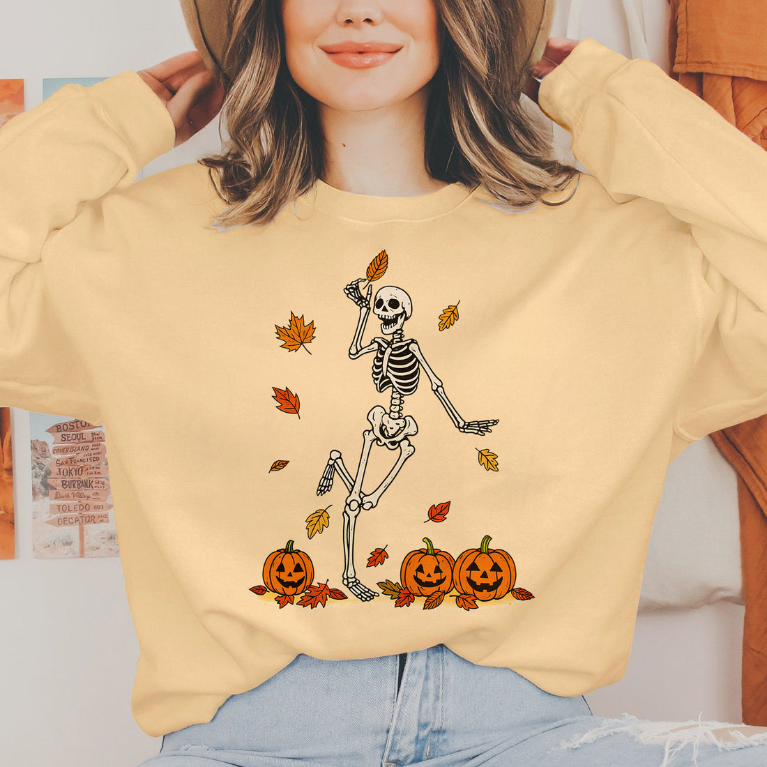 Bikergod Dancing Skeleton With Pumpkins And Fall Leaves Design 2D Sizes S - 5XL - DH042025T97