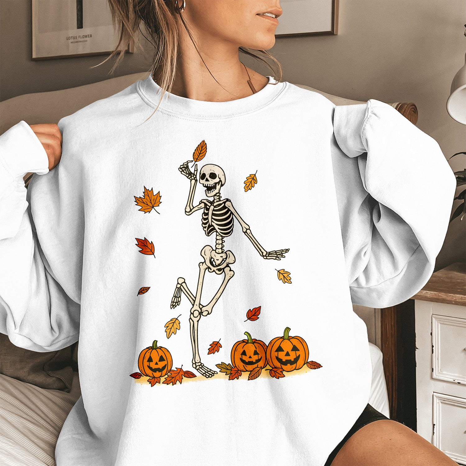 Bikergod Dancing Skeleton With Pumpkins And Fall Leaves Design 2D Sizes S - 5XL - DH042025T97