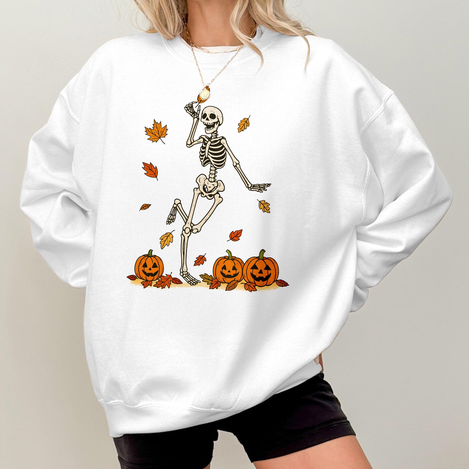 Bikergod Dancing Skeleton With Pumpkins And Fall Leaves Design 2D Sizes S - 5XL - DH042025T97