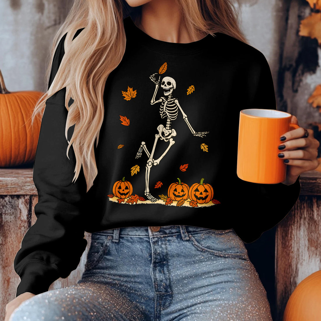 Bikergod Dancing Skeleton With Pumpkins And Fall Leaves Design 2D Sizes S - 5XL - DH042025T97