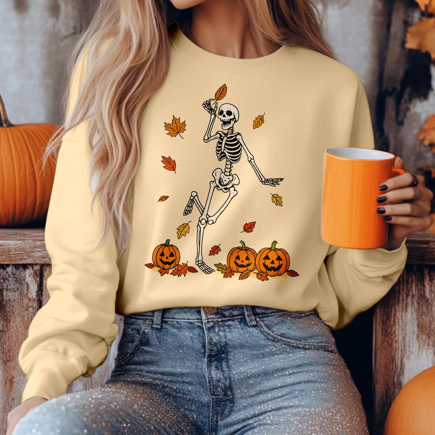 Bikergod Dancing Skeleton With Pumpkins And Fall Leaves Design 2D Sizes S - 5XL - DH042025T97
