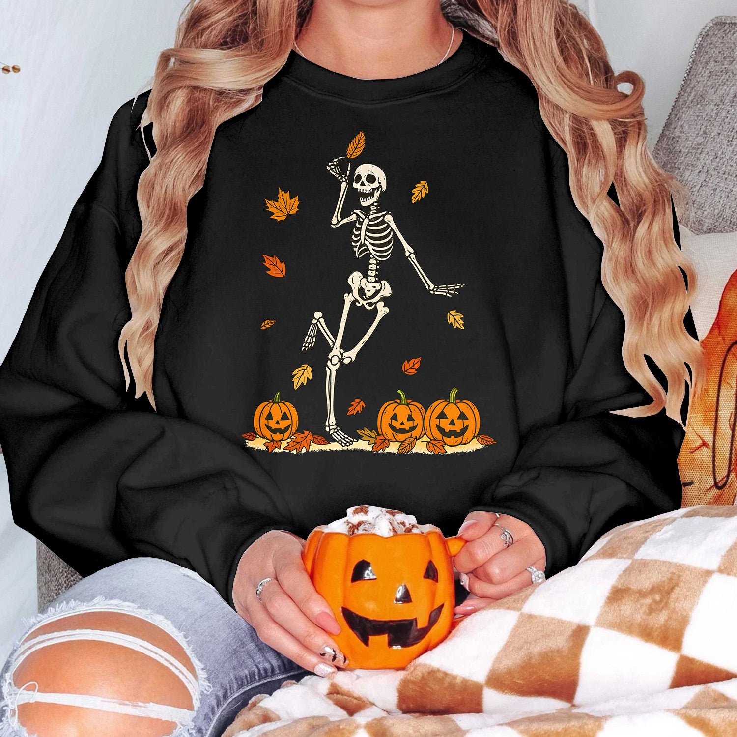 Bikergod Dancing Skeleton With Pumpkins And Fall Leaves Design 2D Sizes S - 5XL - DH042025T97