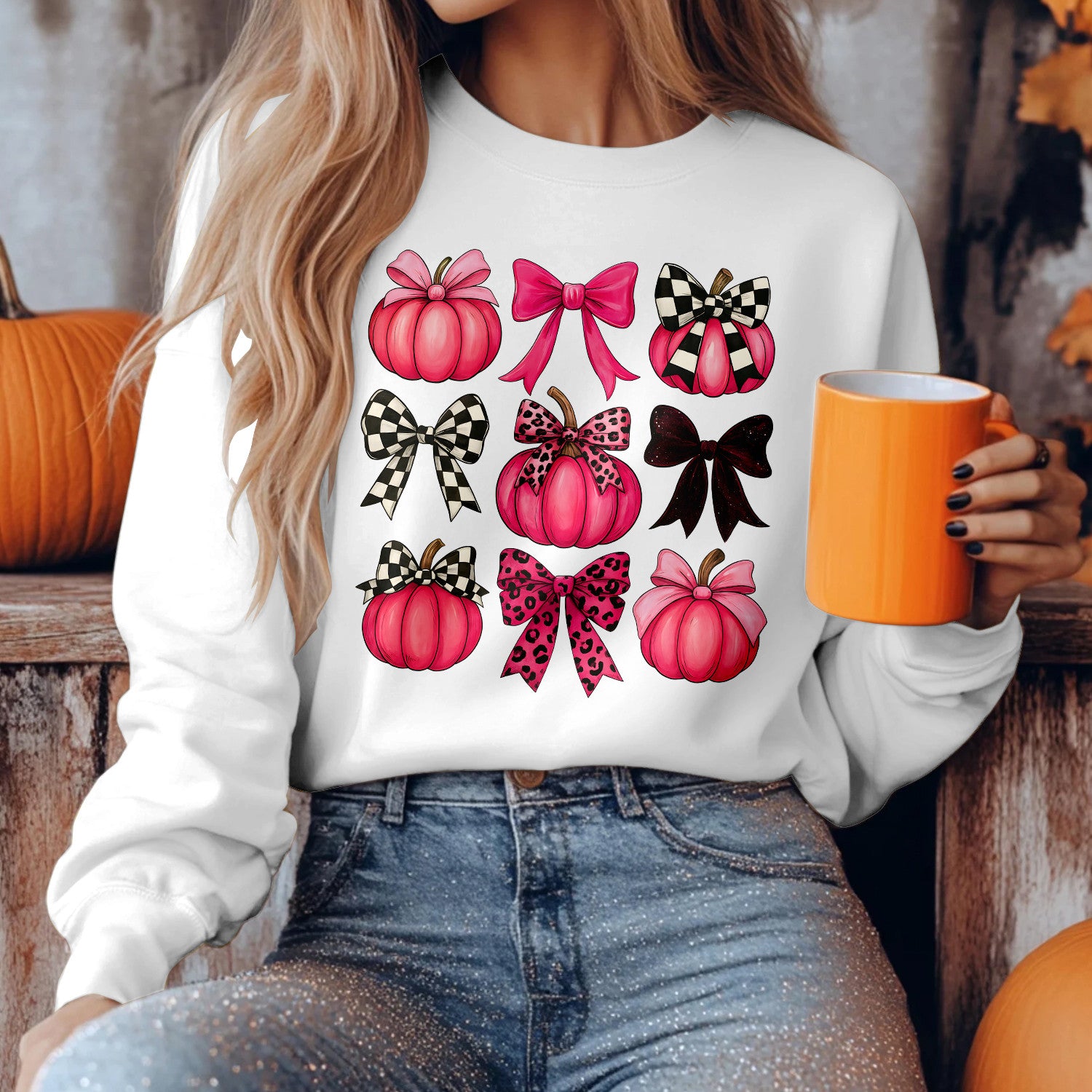 Bikergod Pink Pumpkins With Bows Graphic Sweatshirt 2D Sizes S - 5XL - DH042025T94
