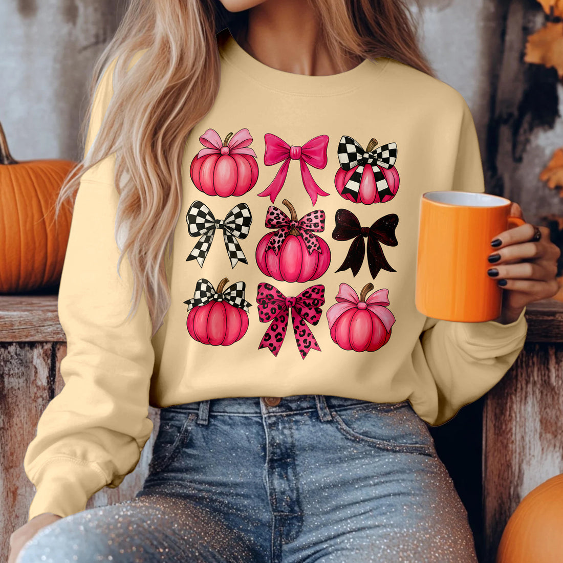 Bikergod Pink Pumpkins With Bows Graphic Sweatshirt 2D Sizes S - 5XL - DH042025T94