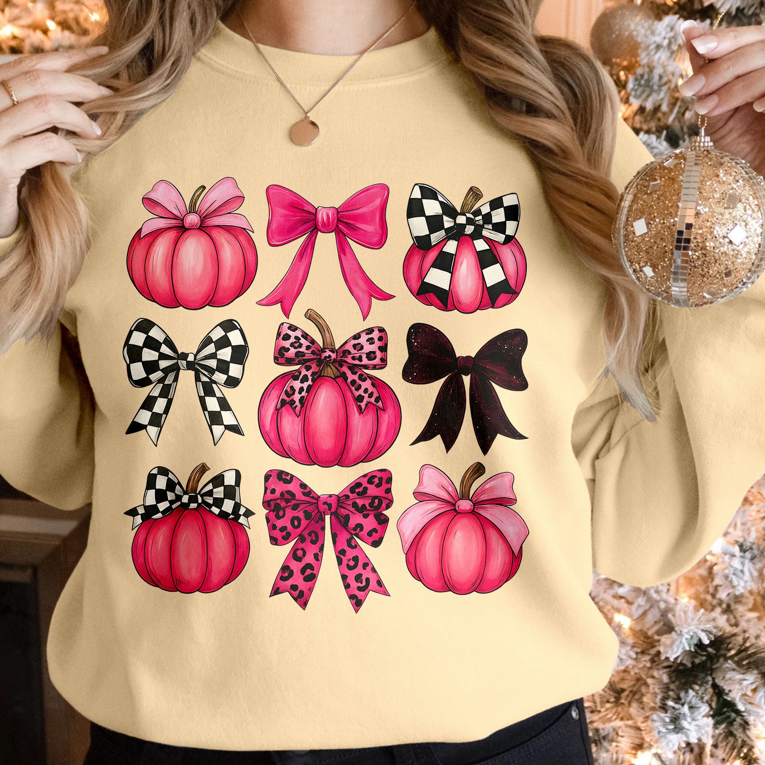Bikergod Pink Pumpkins With Bows Graphic Sweatshirt 2D Sizes S - 5XL - DH042025T94