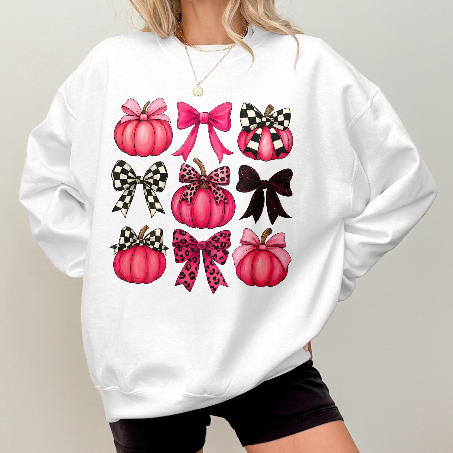 Bikergod Pink Pumpkins With Bows Graphic Sweatshirt 2D Sizes S - 5XL - DH042025T94