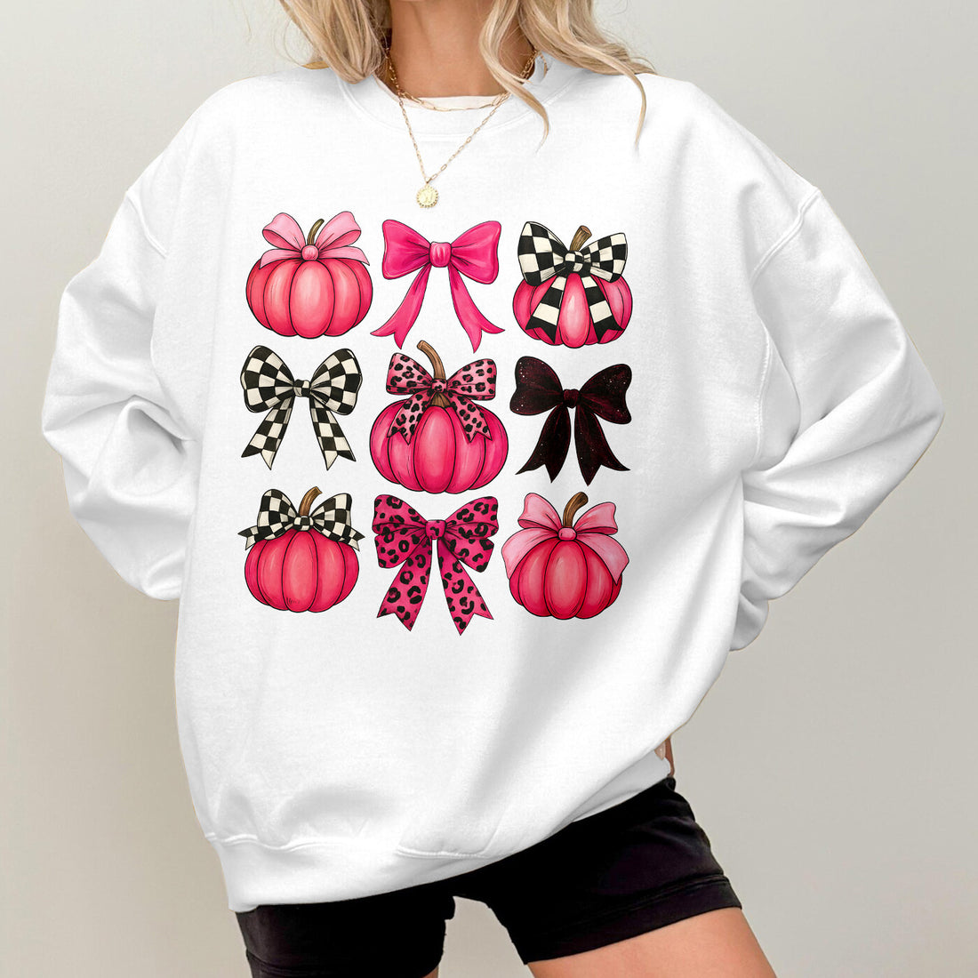 Bikergod Pink Pumpkins With Bows Graphic Sweatshirt 2D Sizes S - 5XL - DH042025T94