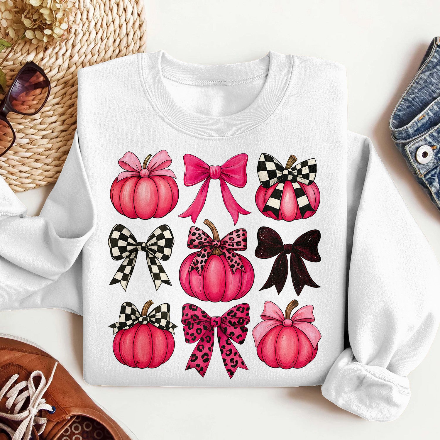Bikergod Pink Pumpkins With Bows Graphic Sweatshirt 2D Sizes S - 5XL - DH042025T94