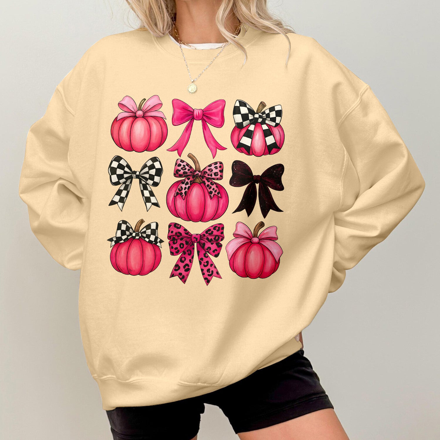 Bikergod Pink Pumpkins With Bows Graphic Sweatshirt 2D Sizes S - 5XL - DH042025T94