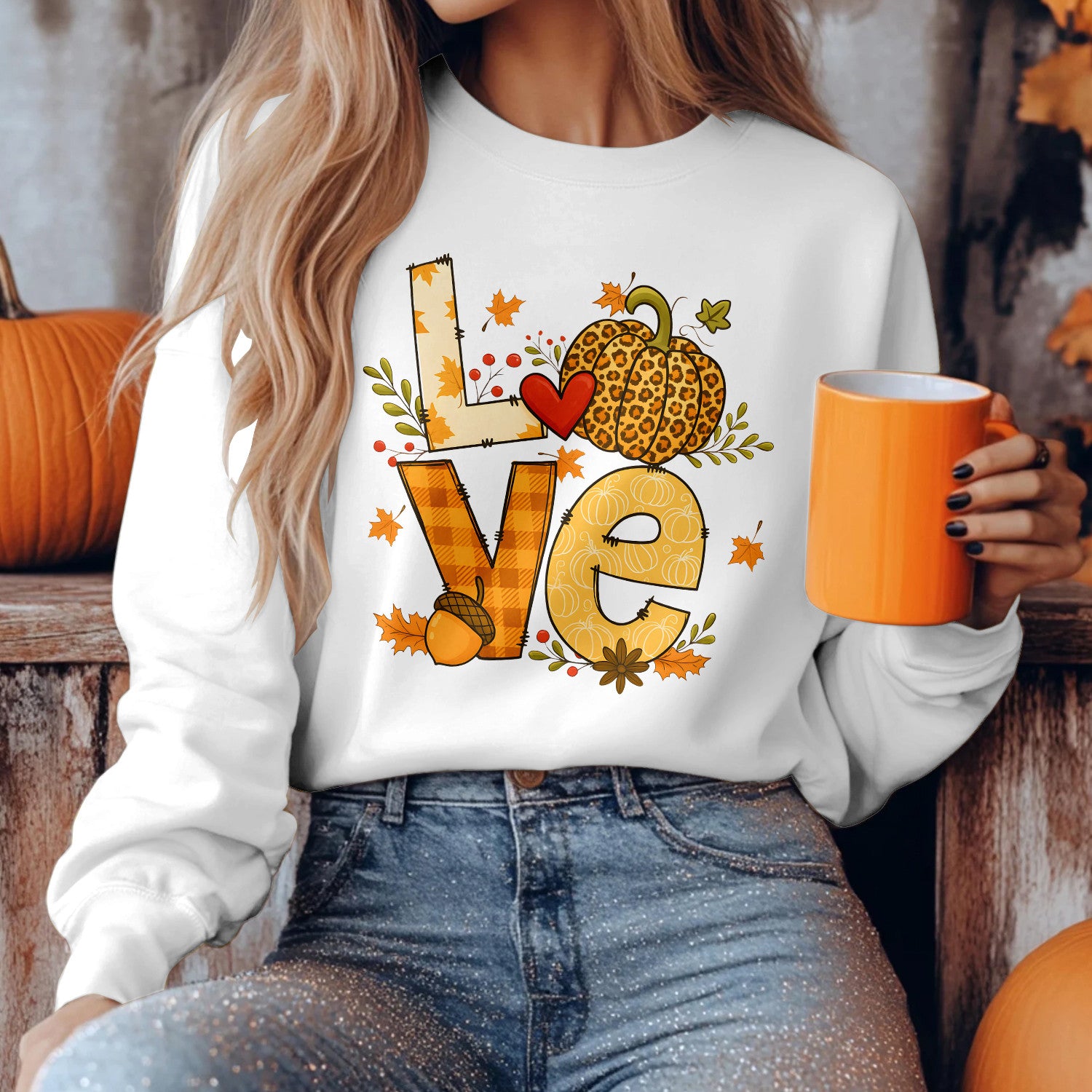 Bikergod Leopard Pumpkin LOVE Fall Graphic Sweatshirt 2D Sizes S - 5XL - DH042025T95