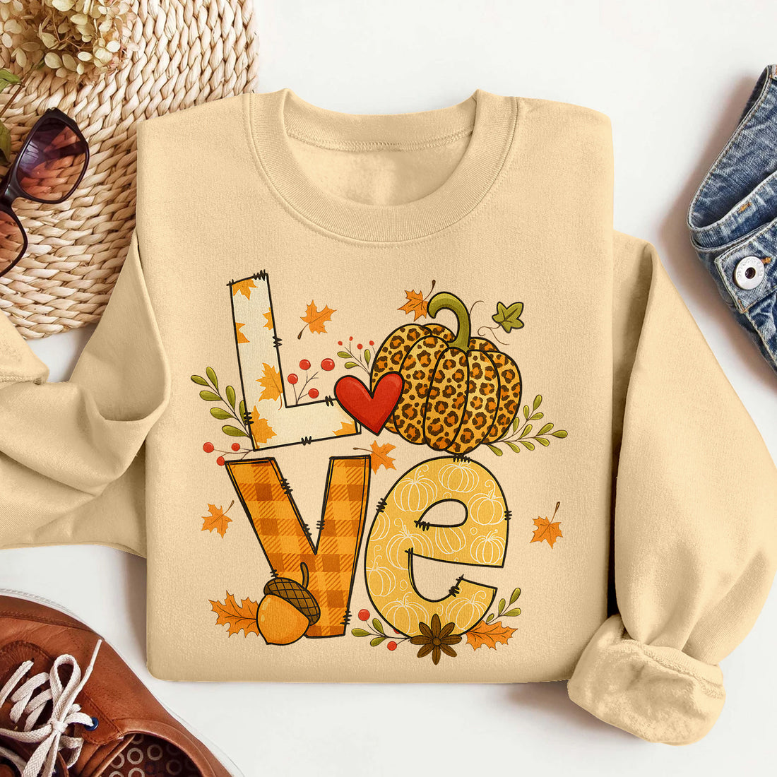Bikergod Leopard Pumpkin LOVE Fall Graphic Sweatshirt 2D Sizes S - 5XL - DH042025T95