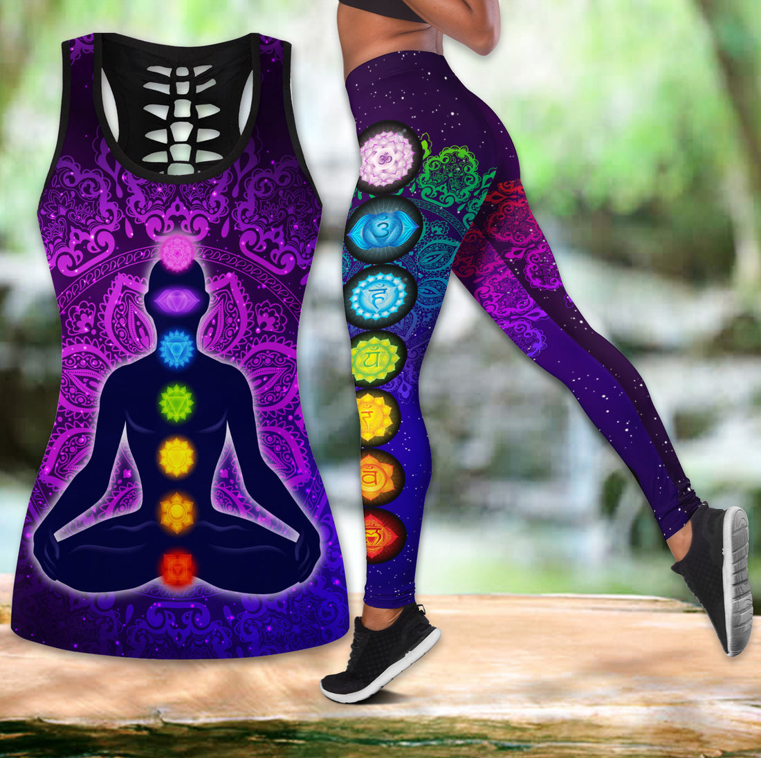 Bikergod Chakra Yoga Art Hollow Tanktop Legging Set Design 3D Full Printed TLDH15