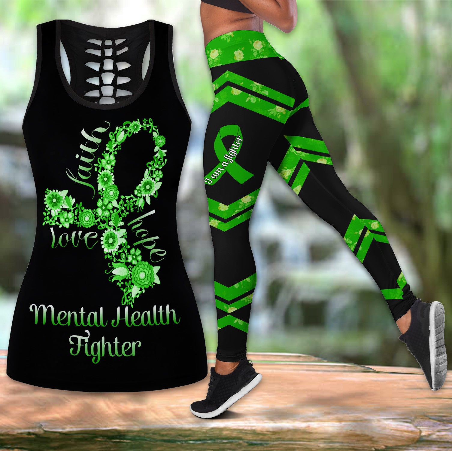 Bikergod Mental Health FAITH HOPE LOVE Hollow Tanktop Legging Set Design 3D Full Printed TLDH19