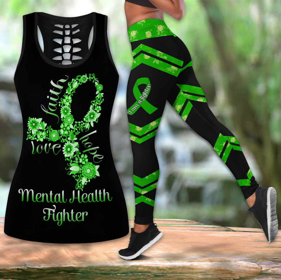 Bikergod Mental Health FAITH HOPE LOVE Hollow Tanktop Legging Set Design 3D Full Printed TLDH19