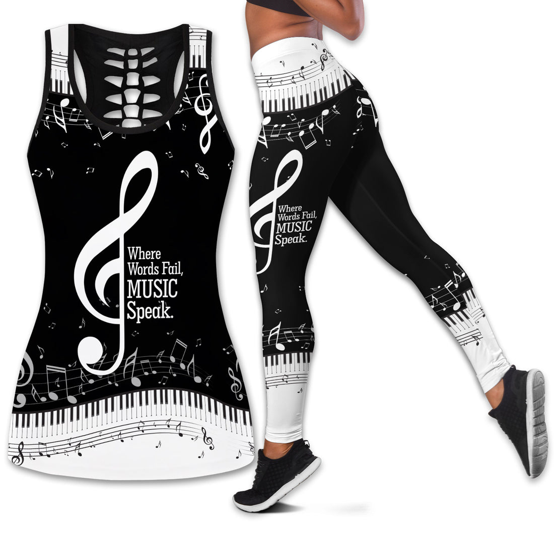 Bikergod Piano Words Fail Note Music Hollow Tanktop Legging Set Design 3D Full Printed TLDH20