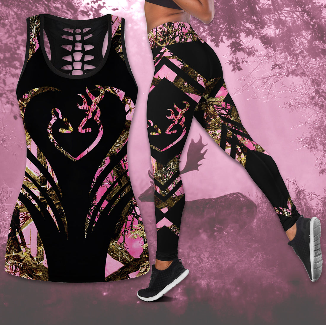 Bikergod Pink Deer Couple Silhouette Hollow Tanktop Legging Set Design 3D Full Printed TLDH21
