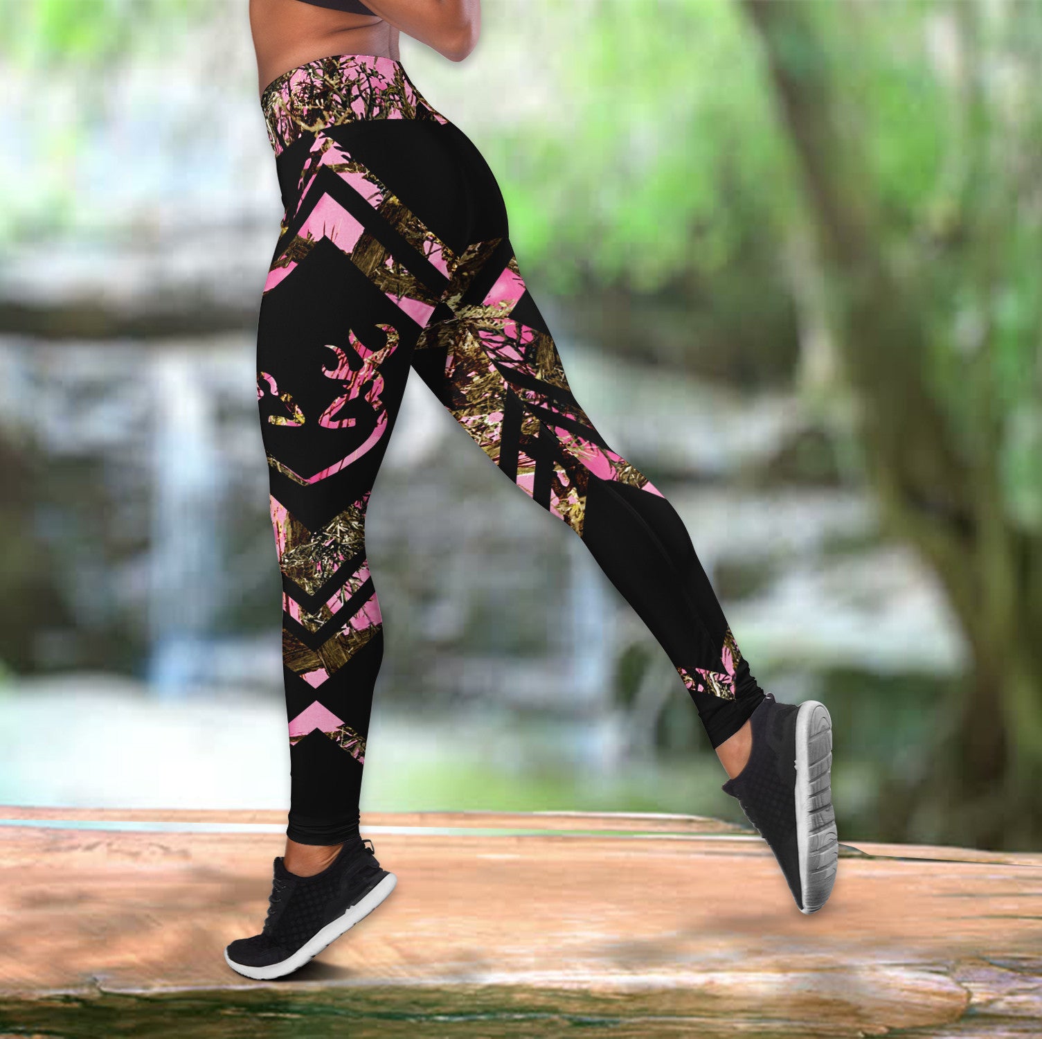 Bikergod Pink Deer Couple Silhouette Hollow Tanktop Legging Set Design 3D Full Printed TLDH21