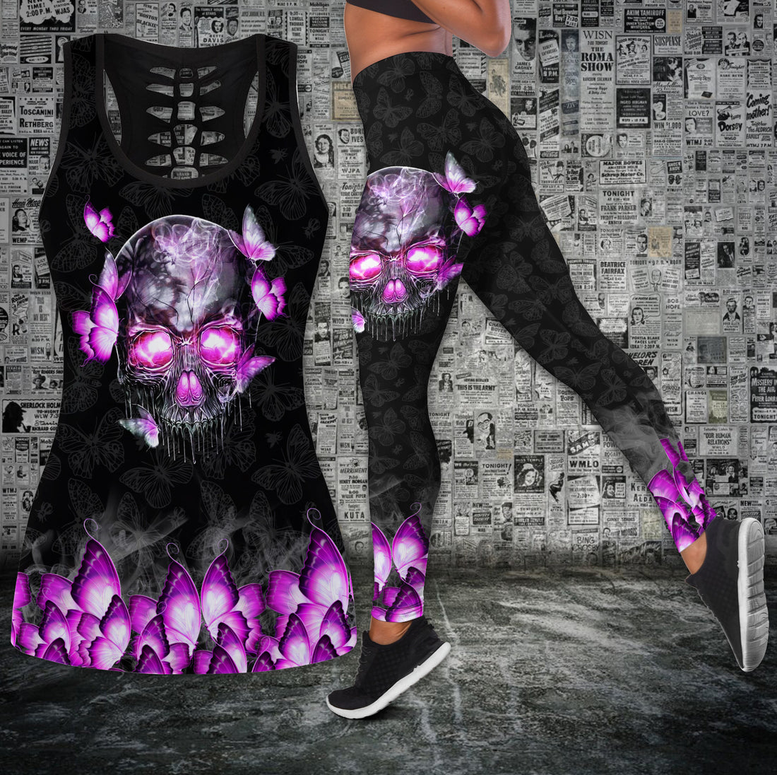 Bikergod Butterfly Gothic Skull Hollow Tanktop Legging Set Design 3D Full Printed TLDH14