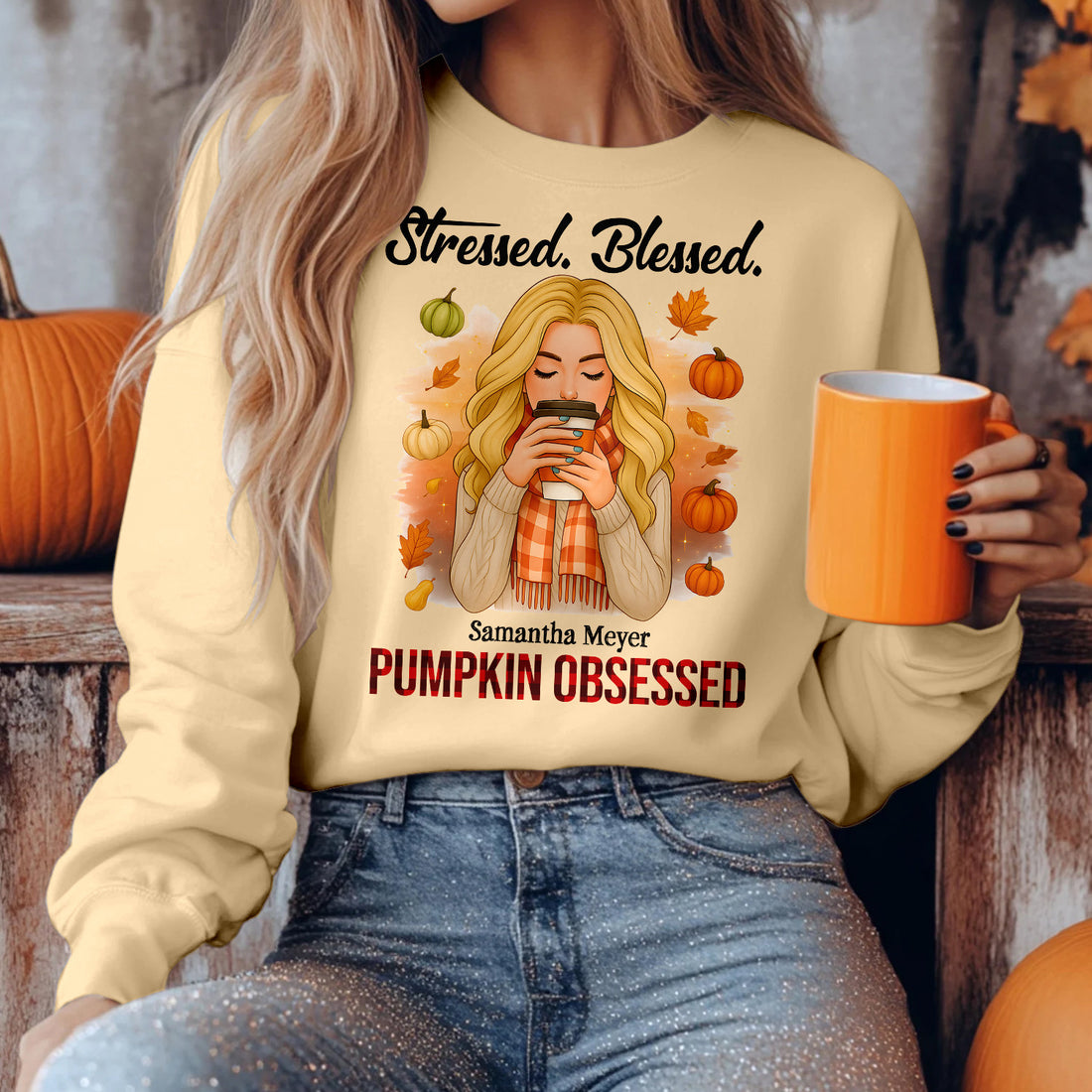 Bikergod Stressed Blessed Custom Name Sweatshirt 2D Sizes S - 5XL Funny Pumpkin Girl Sweater, Spooky Shirt, Happy Halloween Shirt, Halloween Sweatshirt Gift for Nana Women Girl Pumpkin Season LN100725SW21