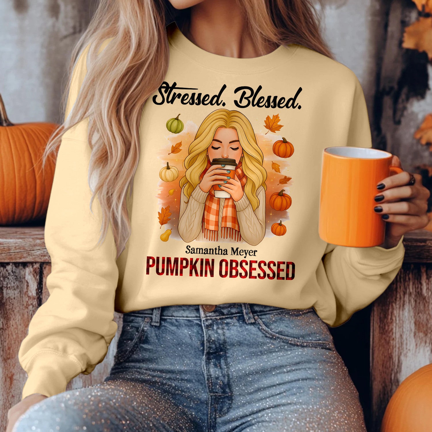Bikergod Stressed Blessed Custom Name Sweatshirt 2D Sizes S - 5XL Funny Pumpkin Girl Sweater, Spooky Shirt, Happy Halloween Shirt, Halloween Sweatshirt Gift for Nana Women Girl Pumpkin Season LN100725SW21