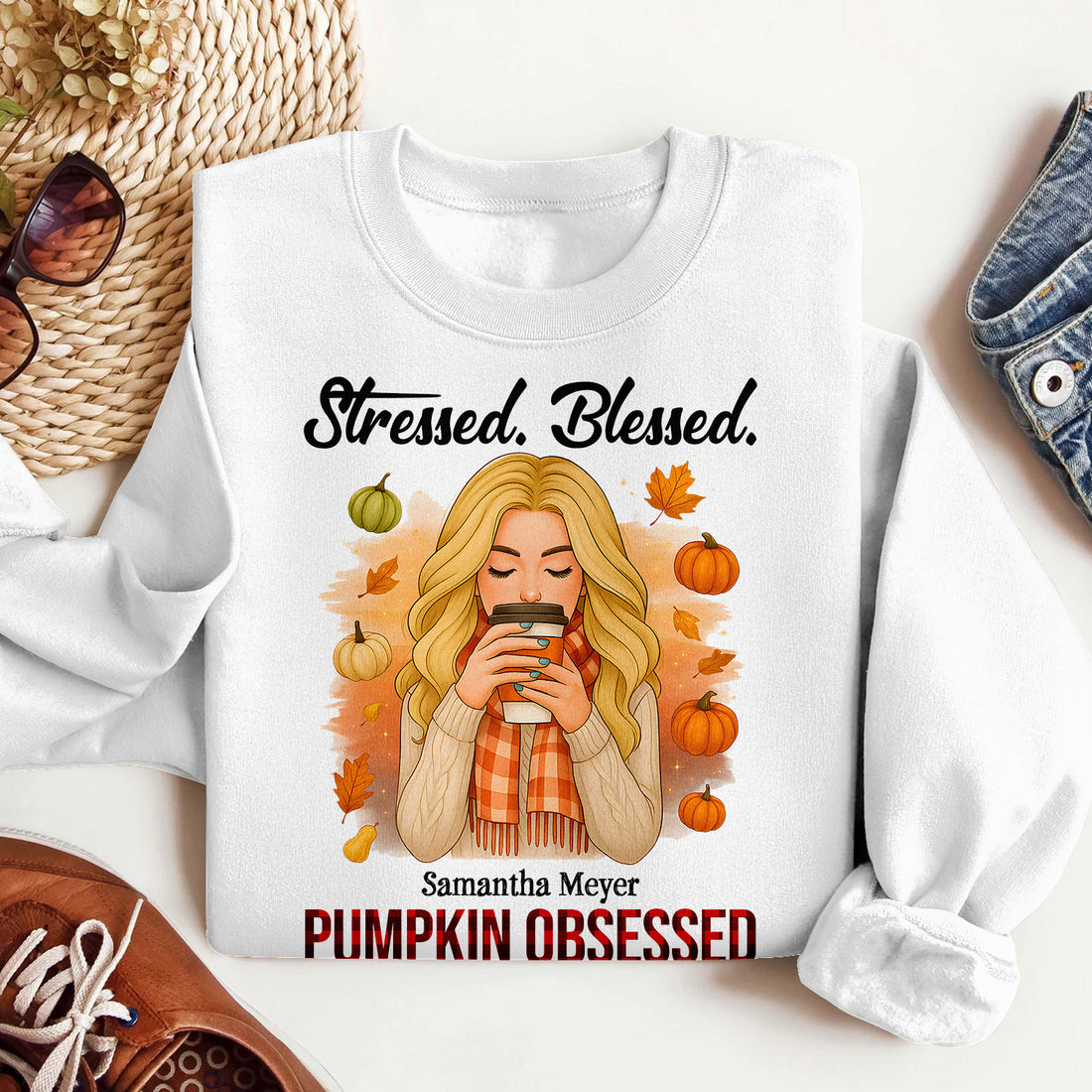 Bikergod Stressed Blessed Custom Name Sweatshirt 2D Sizes S - 5XL Funny Pumpkin Girl Sweater, Spooky Shirt, Happy Halloween Shirt, Halloween Sweatshirt Gift for Nana Women Girl Pumpkin Season LN100725SW21