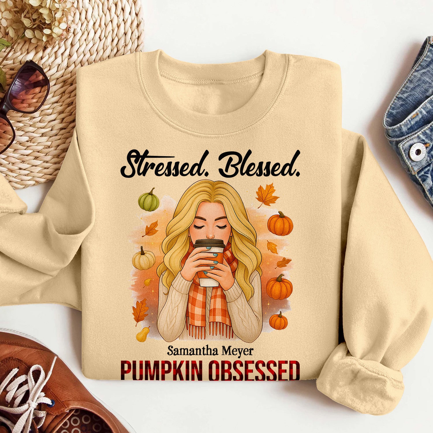 Bikergod Stressed Blessed Custom Name Sweatshirt 2D Sizes S - 5XL Funny Pumpkin Girl Sweater, Spooky Shirt, Happy Halloween Shirt, Halloween Sweatshirt Gift for Nana Women Girl Pumpkin Season LN100725SW21
